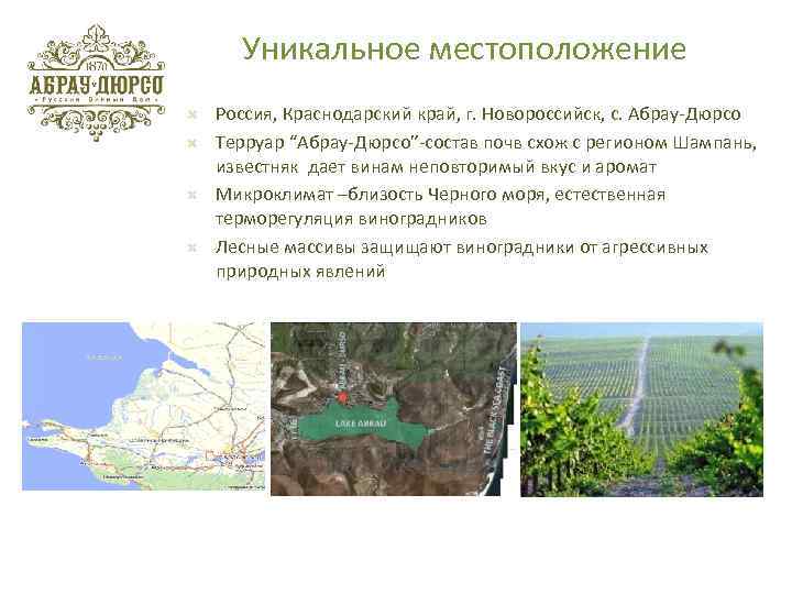 Уникальное местоположение Россия, Краснодарский край, г. Новороссийск, с. Абрау-Дюрсо Терруар “Абрау-Дюрсо”-состав почв схож с