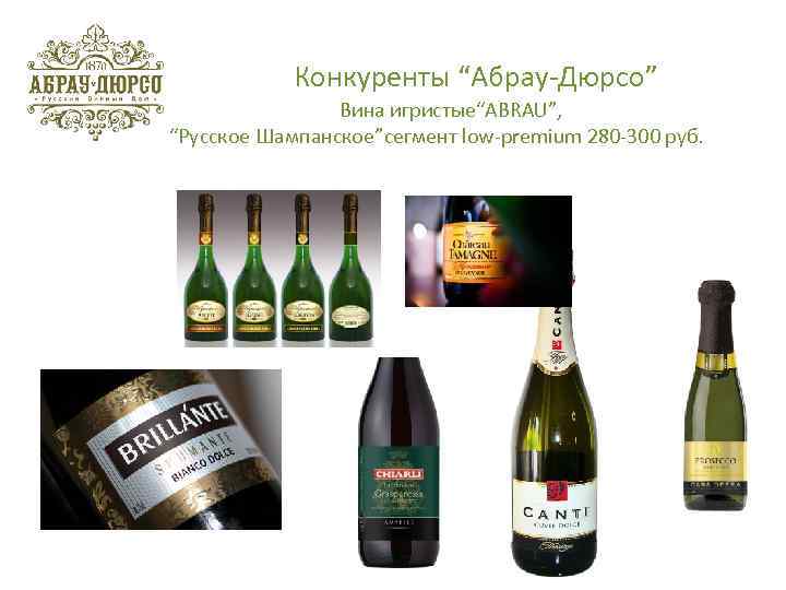 Конкуренты “Абрау-Дюрсо” Вина игристые“ABRAU”, “Русское Шампанское”сегмент low-premium 280 -300 руб. 
