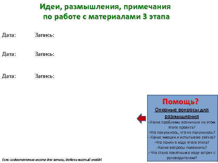 Идеи, размышления, примечания по работе с материалами 3 этапа Дата: Запись: Помощь? Опорные вопросы