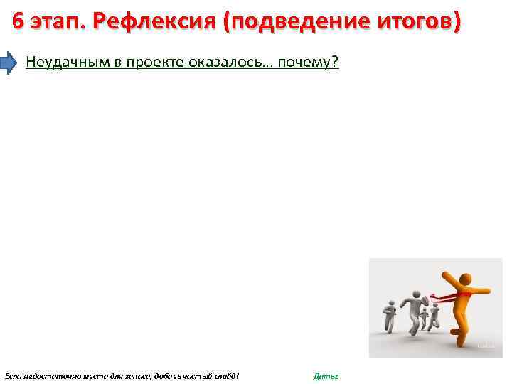 6 этап. Рефлексия (подведение итогов) Неудачным в проекте оказалось… почему? Если недостаточно места для