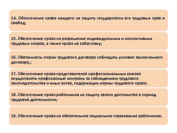 14. Обеспечение права каждого на защиту государством его трудовых прав и свобод; 15. Обеспечение