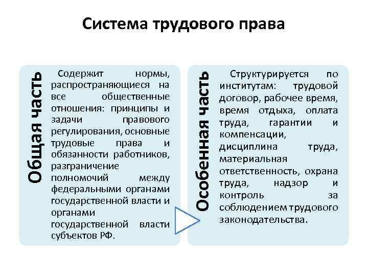 Содержит нормы, распространяющиеся на все общественные отношения: принципы и задачи правового регулирования, основные трудовые