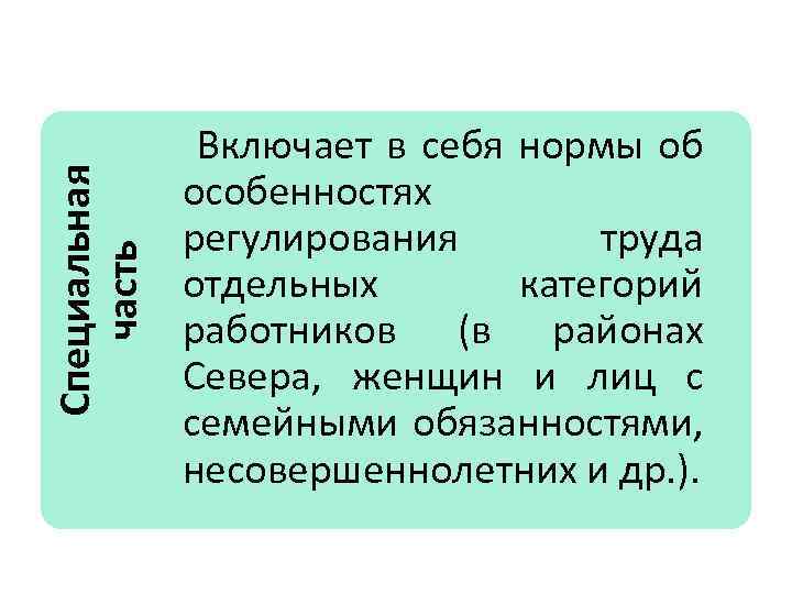 Специальная часть Включает в себя нормы об особенностях регулирования труда отдельных категорий работников (в