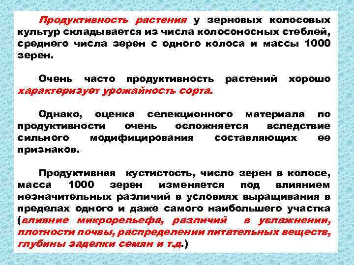 Продуктивность растения у зерновых колосовых культур складывается из числа колосоносных стеблей, среднего числа зерен