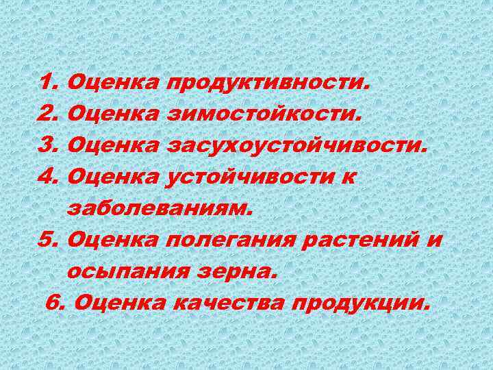 1. 2. 3. 4. Оценка продуктивности. Оценка зимостойкости. Оценка засухоустойчивости. Оценка устойчивости к заболеваниям.