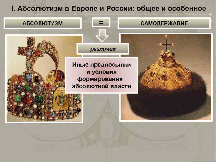 I. Абсолютизм в Европе и России: общее и особенное АБСОЛЮТИЗМ = различия Иные предпосылки