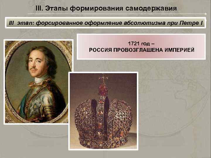 III. Этапы формирования самодержавия III этап: форсированное оформление абсолютизма при Петре I 1721 год