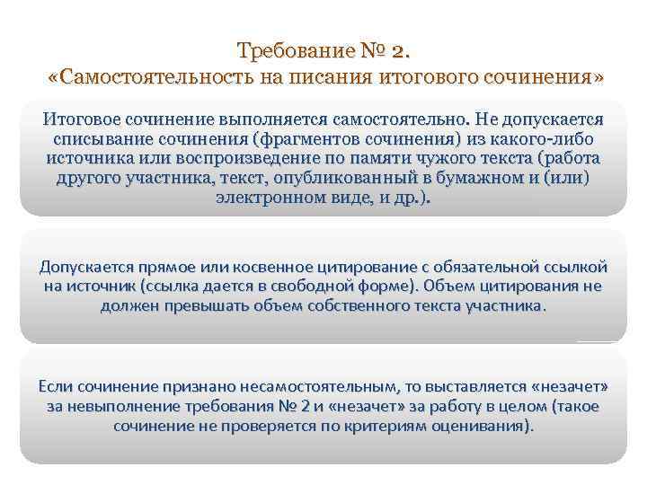 Требование № 2. «Самостоятельность на писания итогового сочинения» Итоговое сочинение выполняется самостоятельно. Не допускается