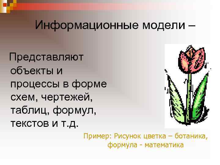 Информационные модели – Представляют объекты и процессы в форме схем, чертежей, таблиц, формул, текстов