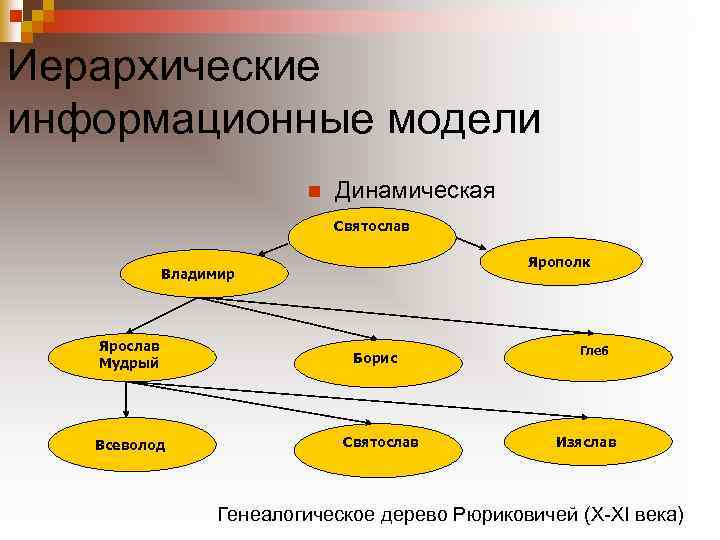 Иерархические информационные модели n Динамическая Святослав Ярополк Владимир Ярослав Мудрый Всеволод Борис Святослав Глеб