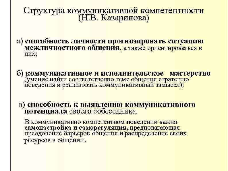 Структура коммуникативной компетентности (Н. В. Казаринова) а) способность личности прогнозировать ситуацию межличностного общения, а