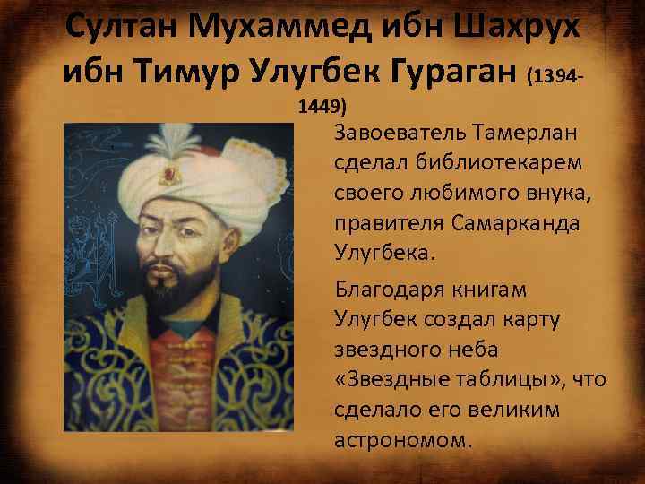 Султан Мухаммед ибн Шахрух ибн Тимур Улугбек Гураган (13941449) Завоеватель Тамерлан сделал библиотекарем своего