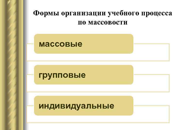 Формы организации учебного процесса по массовости массовые групповые индивидуальные 