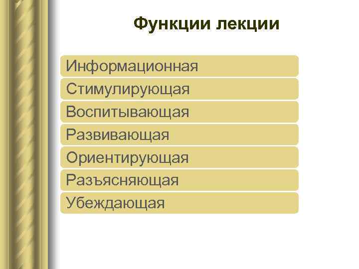 Функции лекции Информационная Стимулирующая Воспитывающая Развивающая Ориентирующая Разъясняющая Убеждающая 