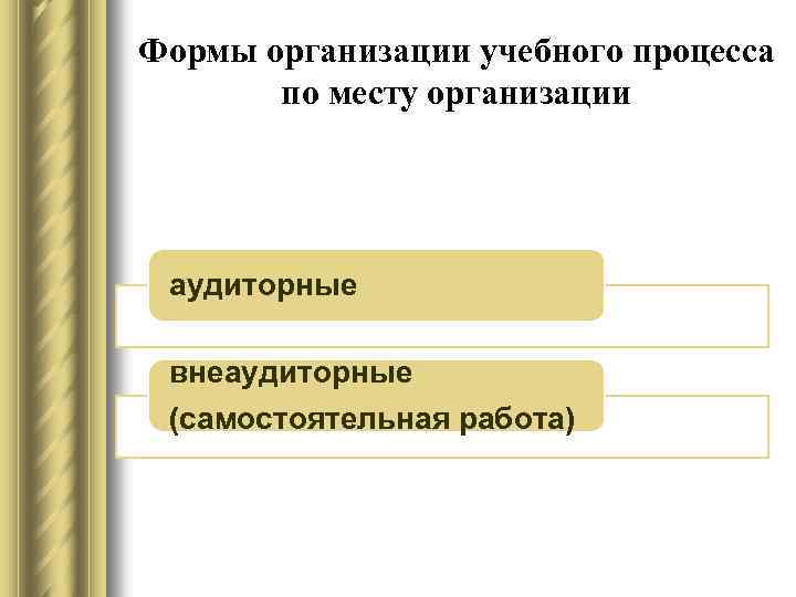 Формы организации учебного процесса по месту организации аудиторные внеаудиторные (самостоятельная работа) 