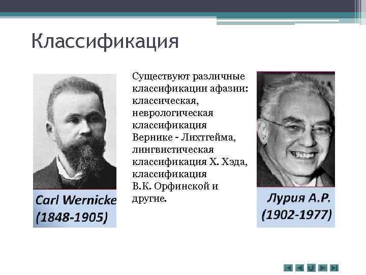 Классификация Существуют различные классификации афазии: классическая, неврологическая классификация Вернике - Лихтгейма, лингвистическая классификация X.