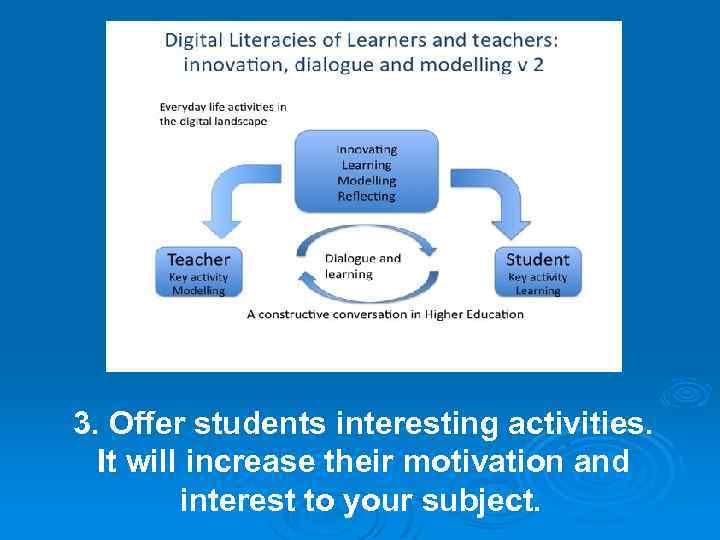 3. Offer students interesting activities. It will increase their motivation and interest to your