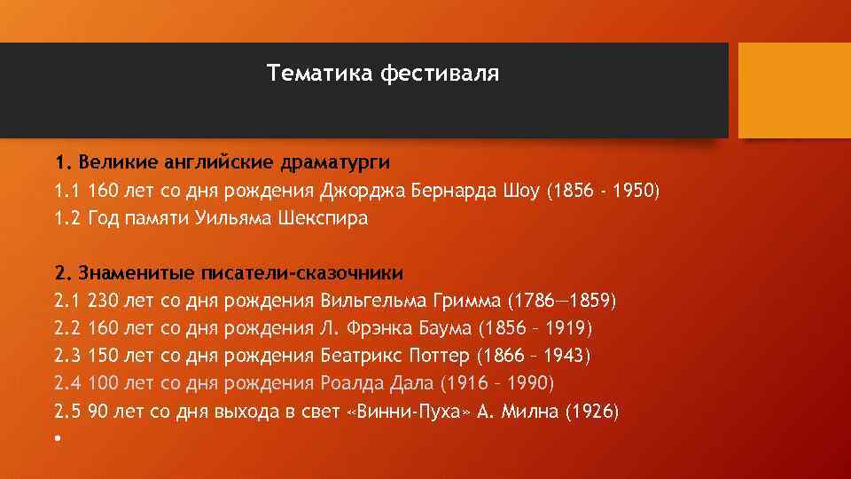 Тематика фестиваля 1. Великие английские драматурги 1. 1 160 лет со дня рождения Джорджа