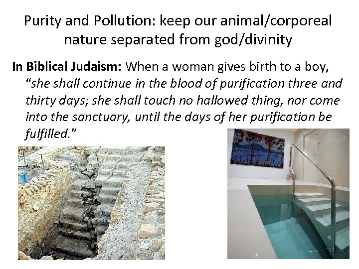 Purity and Pollution: keep our animal/corporeal nature separated from god/divinity In Biblical Judaism: When
