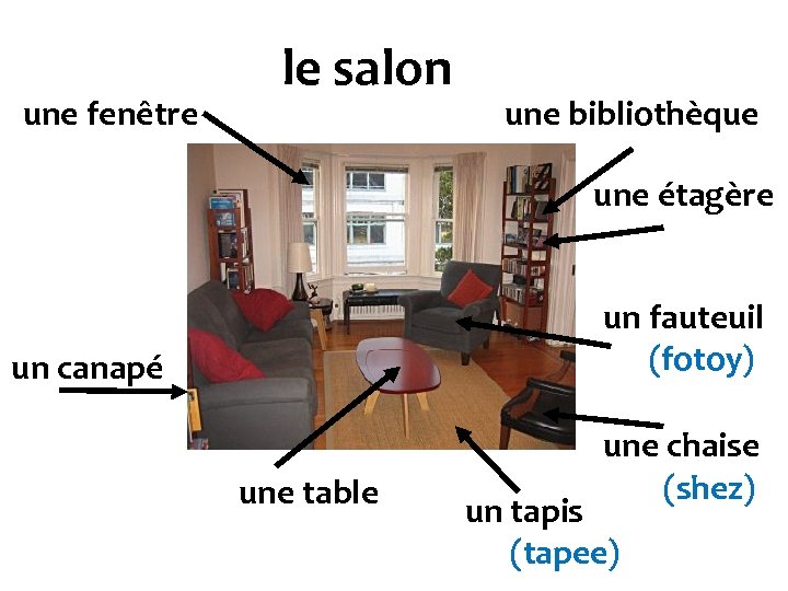 une fenêtre le salon une bibliothèque une étagère un fauteuil (fotoy) un canapé une