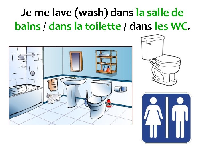 Je me lave (wash) dans la salle de bains / dans la toilette /