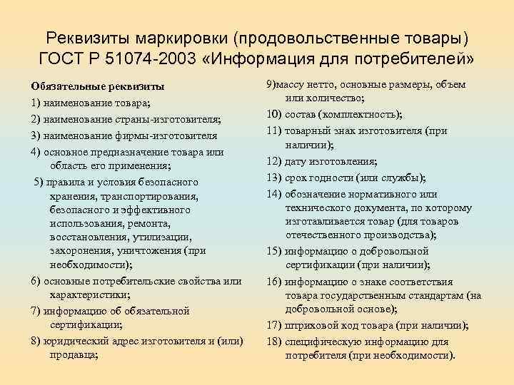 Реквизиты маркировки (продовольственные товары) ГОСТ Р 51074 -2003 «Информация для потребителей» Обязательные реквизиты 1)