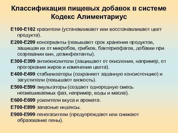 Классификация пищевых добавок в системе Кодекс Алиментариус Е 100 -Е 182 красители (устанавливают или