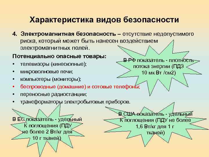 Характеристика видов безопасности 4. Электромагнитная безопасность – отсутствие недопустимого риска, который может быть нанесен