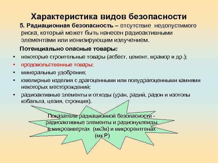 Характеристика видов безопасности 5. Радиационная безопасность – отсутствие недопустимого риска, который может быть нанесен