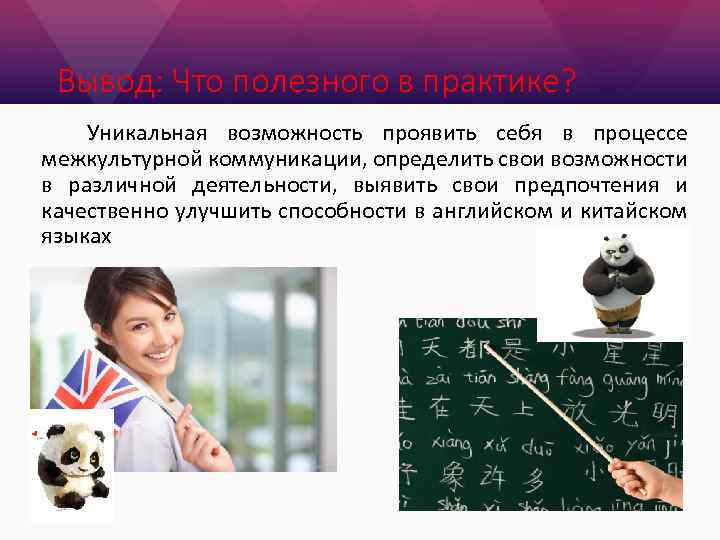 Вывод: Что полезного в практике? Уникальная возможность проявить себя в процессе межкультурной коммуникации, определить