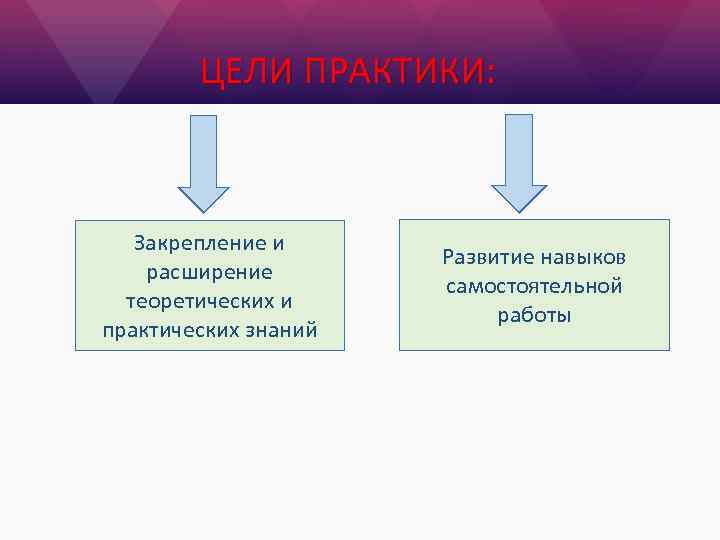 ЦЕЛИ ПРАКТИКИ: Закрепление и расширение теоретических и практических знаний Развитие навыков самостоятельной работы 
