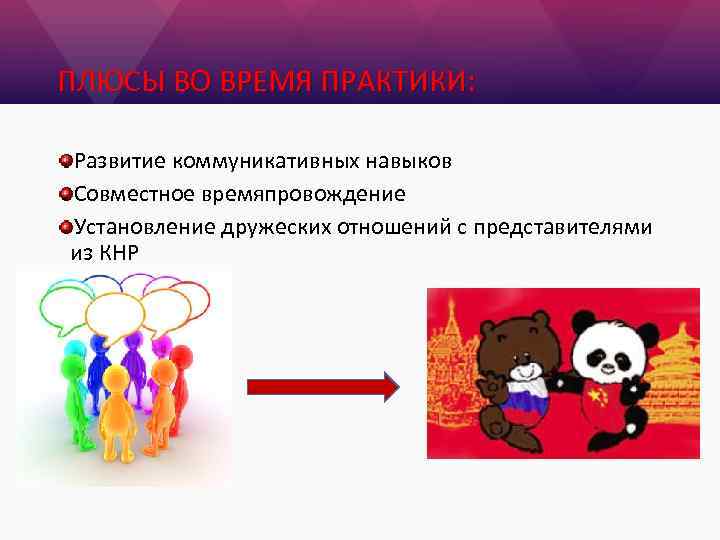 ПЛЮСЫ ВО ВРЕМЯ ПРАКТИКИ: Развитие коммуникативных навыков Совместное времяпровождение Установление дружеских отношений с представителями
