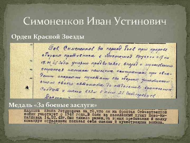 Симоненков Иван Устинович Орден Красной Звезды Медаль «За боевые заслуги» 