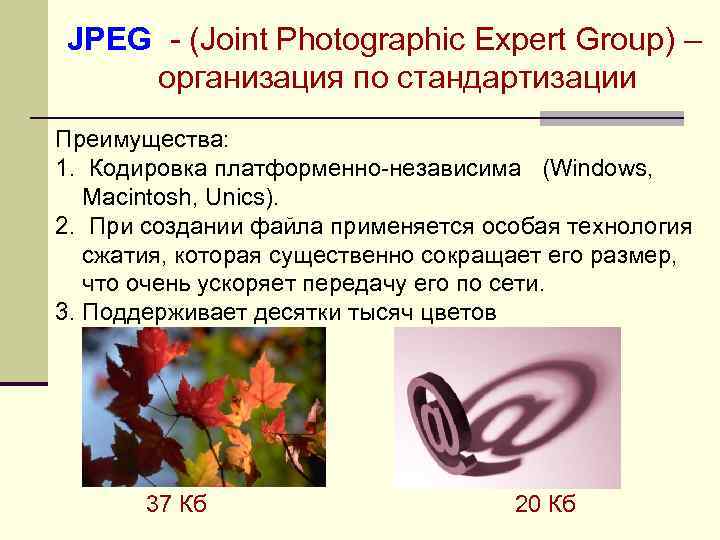 JPEG - (Joint Photographic Expert Group) – организация по стандартизации Преимущества: 1. Кодировка платформенно-независима
