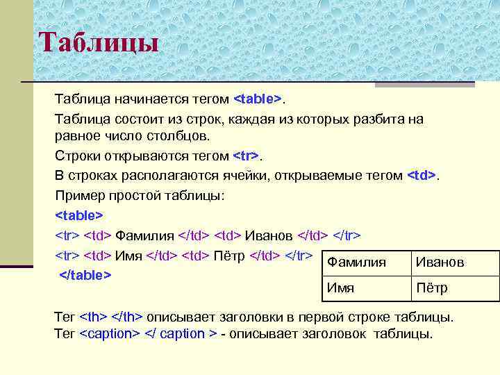 Таблицы Таблица начинается тегом <table>. Таблица состоит из строк, каждая из которых разбита на