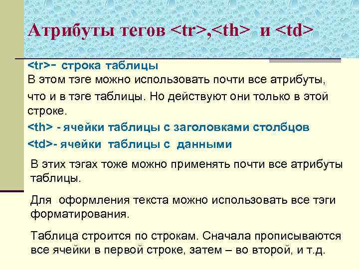 Атрибуты тегов <tr>, <th> и <td> <tr>- строка таблицы В этом тэге можно использовать