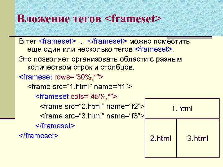 Вложение тегов <frameset> В тег <frameset> … </frameset> можно поместить еще один или несколько