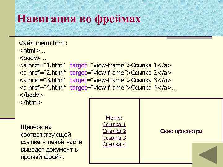 Навигация во фреймах Файл menu. html: <html>… <body>… <a href=“ 1. html” <a href=“