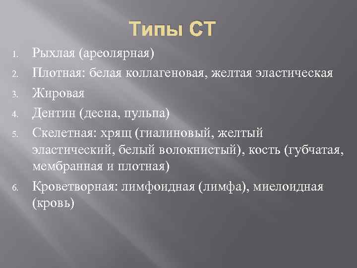 Типы СТ 1. 2. 3. 4. 5. 6. Рыхлая (ареолярная) Плотная: белая коллагеновая, желтая