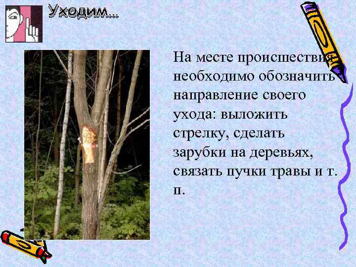 Уходим… На месте происшествия необходимо обозначить направление своего ухода: выложить стрелку, сделать зарубки на