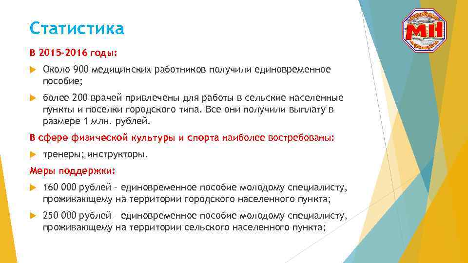 Статистика В 2015 -2016 годы: Около 900 медицинских работников получили единовременное пособие; более 200