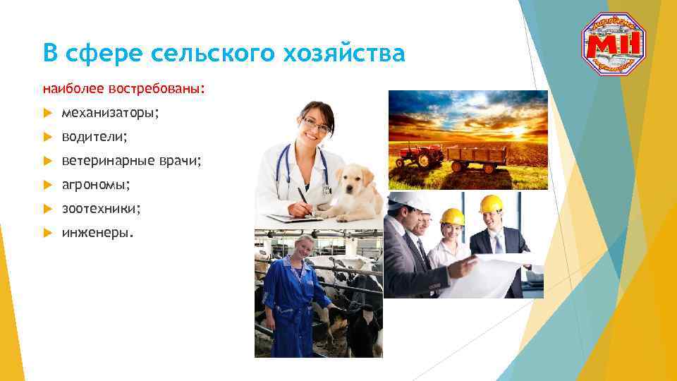 В сфере сельского хозяйства наиболее востребованы: механизаторы; водители; ветеринарные врачи; агрономы; зоотехники; инженеры. 