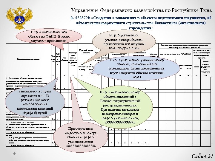 Управление Федерального казначейства по Республике Тыва ф. 0503790 «Сведения о вложениях в объекты недвижимого