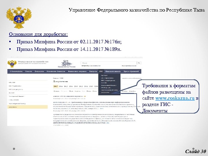 Управление Федерального казначейства по Республике Тыва Основание для доработки: • Приказ Минфина России от