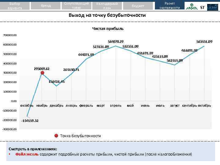 Выбор варианта бренд Сопутствующий товар Календарный план бюджет Расчет окупаемости ST Выход на точку