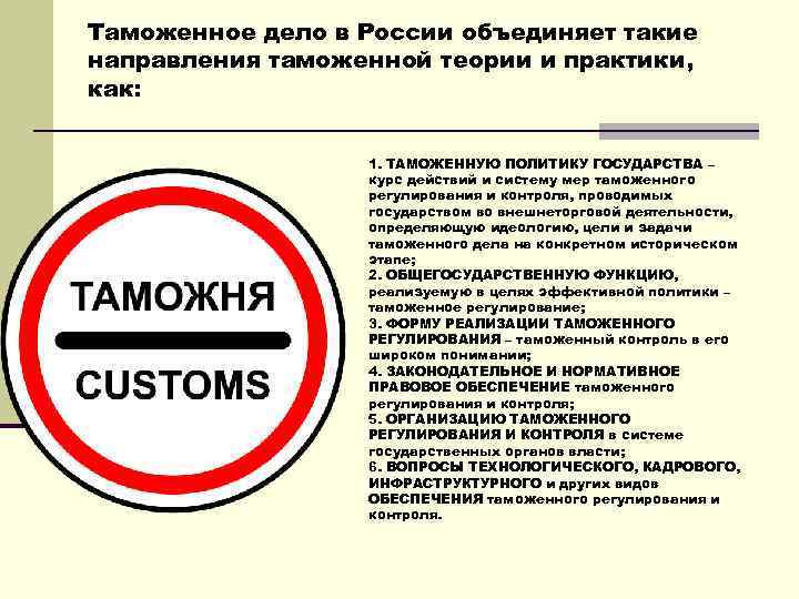 Таможенное дело в России объединяет такие направления таможенной теории и практики, как: 1. ТАМОЖЕННУЮ