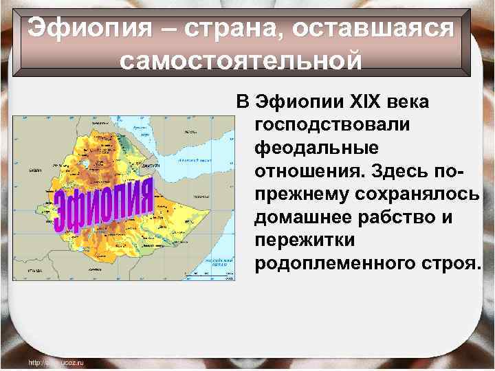 Эфиопия – страна, оставшаяся самостоятельной В Эфиопии XIX века господствовали феодальные отношения. Здесь попрежнему