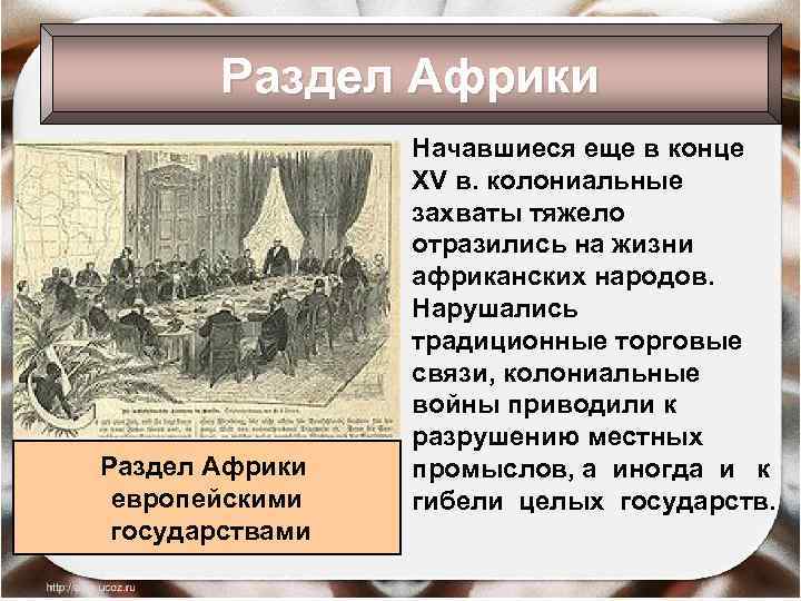 Раздел Африки европейскими государствами • Начавшиеся еще в конце XV в. колониальные захваты тяжело