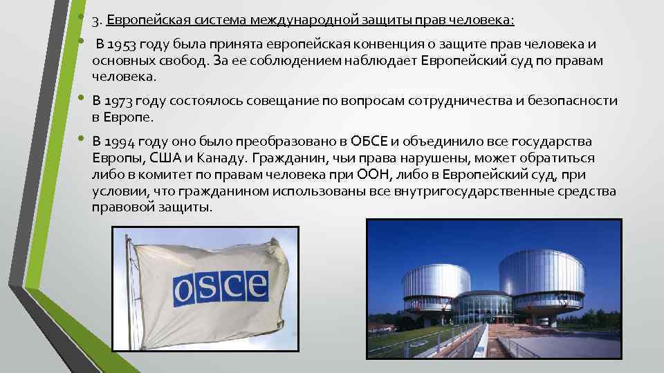  • • 3. Европейская система международной защиты прав человека: • В 1973 году