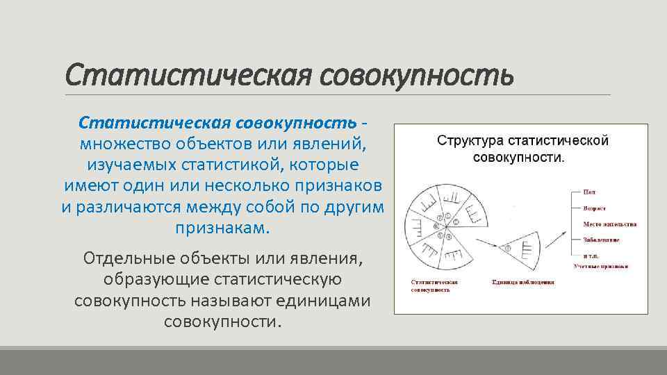 Статистическая совокупность - множество объектов или явлений, изучаемых статистикой, которые имеют один или несколько